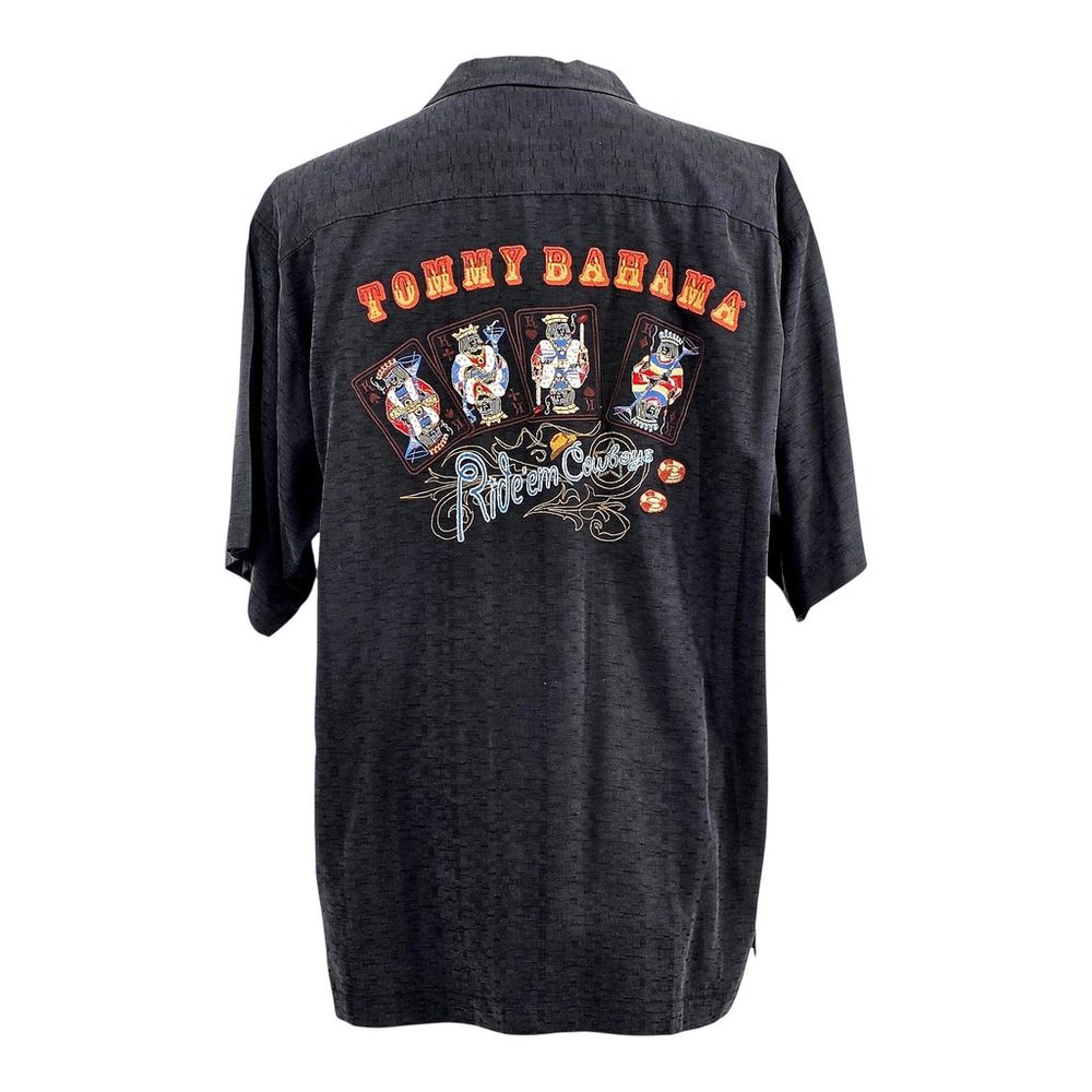 Americana Lounge Tommy Bahama Silk Camp Shirt Men L Black Embroidered Casino - Picture 3 of 11